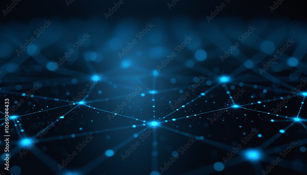 Poster blue network grid with glowing data points: a blue network grid with glowing data points, symbolizin