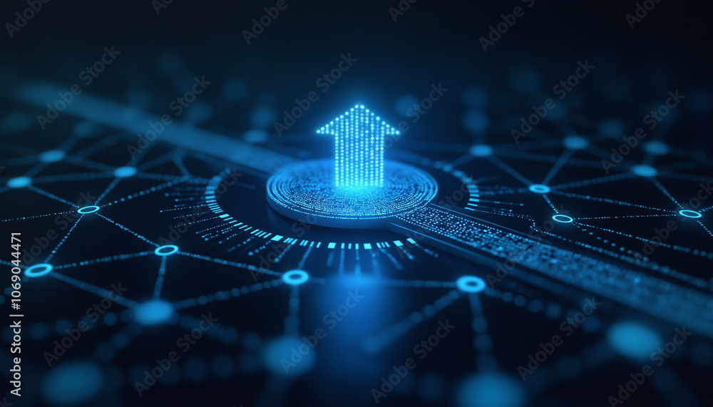 Poster upload icon with network connectivity: an upload icon connected within a digital network, symbolizin