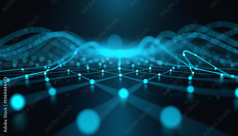 Poster illuminated digital mesh with glowing nodes: an illuminated digital mesh network with glowing nodes,