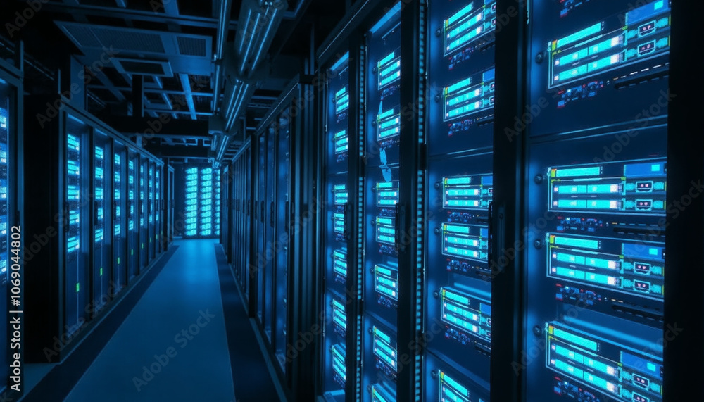 Poster long corridor in a data center with rows of servers and blue and green lights. big data and ai hardw