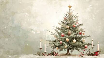 Classic Christmas tree with vintage ornaments and candles, illustrated in soft, aged colors and surrounded by holiday decor.