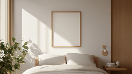 A serene bedroom featuring minimalist design with natural light streaming in. cozy bed is adorned with soft linens, complemented by simple wooden frame and plant, creating tranquil atmosphere