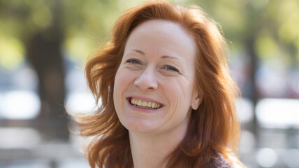 Obraz premium Smiling Caucasian woman with red hair enjoys a sunny day outdoors, radiating joy and positivity amidst a blurred background of greenery.