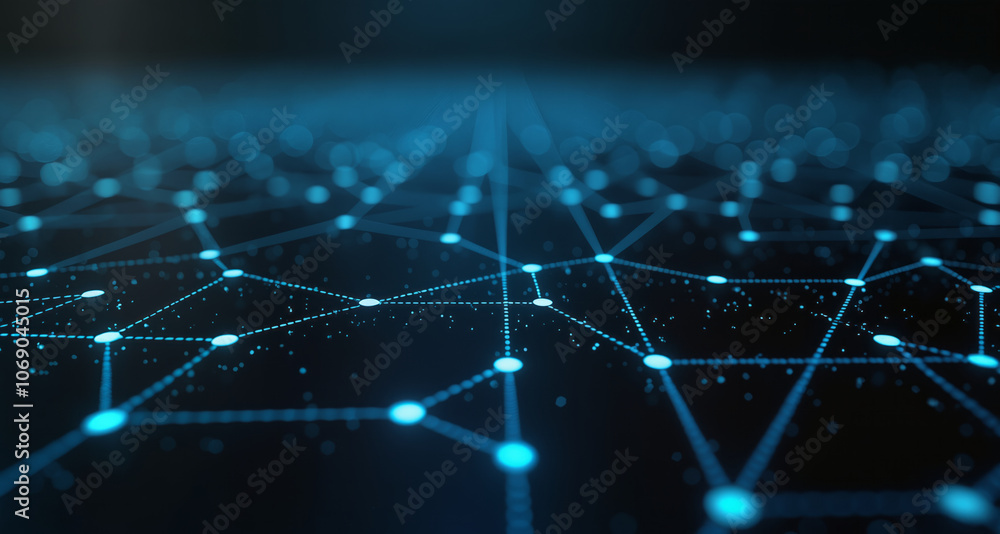 Poster a dark background with a network of blue dots and lines, symbolizing digital networks and connectivi