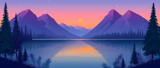 Silhouettes of mountains reflecting on a still lake at sunset.