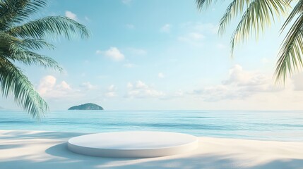 Obraz premium A 3D podium on a sandy beach with a summer backdrop, featuring the sea, clear skies, and a distant island, ideal for product displays and promotions.