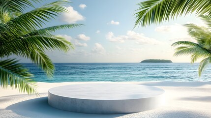 Fototapeta premium A 3D podium on a sandy beach with a summer backdrop, featuring the sea, clear skies, and a distant island, ideal for product displays and promotions.