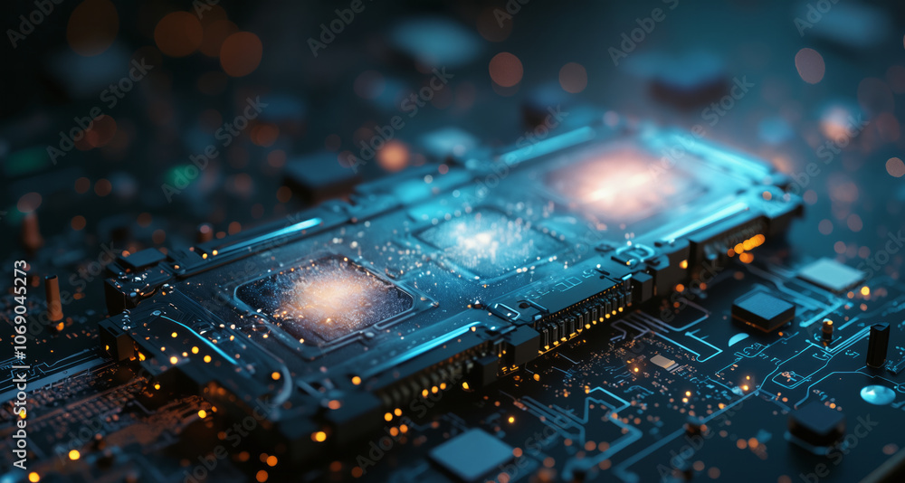 Poster a computer chip on a circuit board, highlighted by soft lighting, with the background slightly blurr