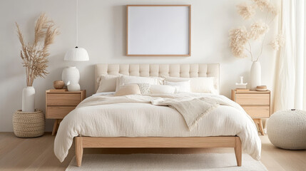 A serene bedroom featuring cozy bed with neutral bedding, wooden furniture, and decorative plants, creating calming atmosphere