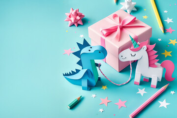 Fototapeta premium a blue dinosaur and a white unicorn with a pink mane and tail. They are standing on a turquoise surface with a pink gift box tied with a string between them. The background is also turquoise,