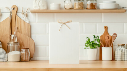 A blank white box tied with twine sits on wooden kitchen countertop, surrounded by jars, plants, and kitchen utensils, creating cozy and inviting atmosphere