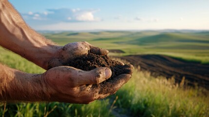 Obraz premium Weathered Hands Holding Rich Dark Soil in Nature