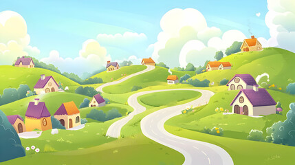 Winding road through a quaint countryside village with colorful houses and green hills.