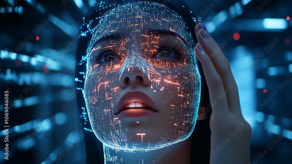 Poster futuristic woman digital face ai technology cyberpunk glow network data code interface