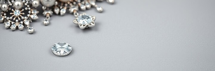 A stunning collection of sparkling jewels against a sophisticated grey background, shiny, exquisite