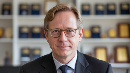 Fototapeta premium Confident middle-aged man with light brown hair and glasses, dressed in a suit, poses for a professional portrait against a background of awards and certificates.