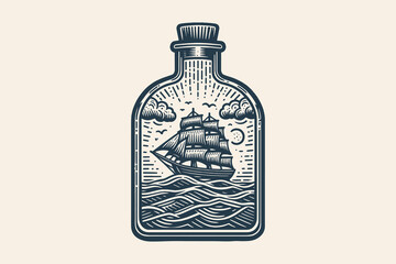 A detailed illustration of a sailing ship trapped inside a glass bottle with waves, clouds, and sun. Vintage vector engraving illustration, emblem, print, tattoo © Victoria