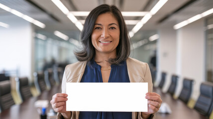 Smiling Asian woman in her 40s holding a blank sign in a modern office setting, exuding confidence and professionalism.