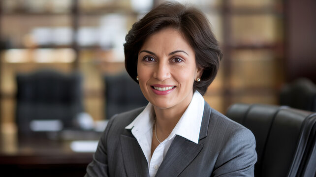 A confident South Asian woman in professional attire smiles warmly in a modern office setting, embodying professionalism and approachability.