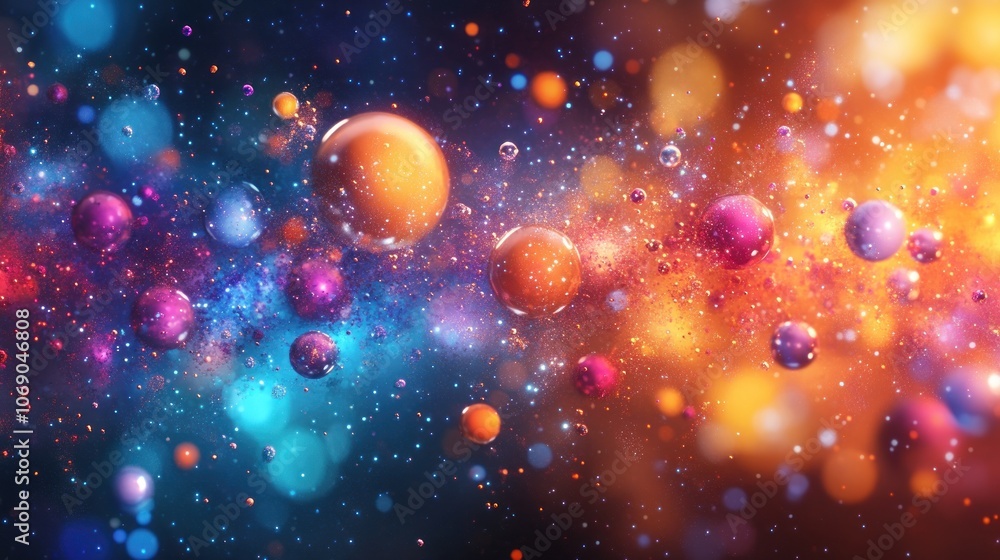 Poster abstract background with colorful spheres and bokeh lights in a vibrant blue and orange gradient.