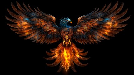 Obraz premium Fiery Phoenix Bird Mythical Creature Fantasy Art Wings of Fire Ornate Design Detailed Illustration