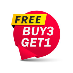 Buy three get one free. Buy 3 get 1 Free tags sale promotion. Special offer design for business advertising web and Social, banner design template, discount. Vector Illustration.