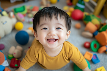 Obraz premium Happy baby playing on floor surrounded by colorful toys, showcasing joy and curiosity in vibrant environment