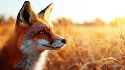 Fototapeta premium A red fox gazes into the golden sunset in a grassy field, capturing the beauty of nature and wildlife in a serene and peaceful setting.