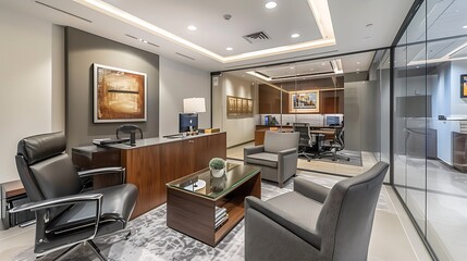 Stylish executive office with minimalist decor, glass partitions, and high-end furnishings, exuding a sleek, professional vibe