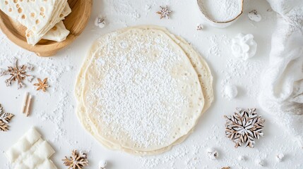 Thin, round lefse with powdered sugar dusting on a soft white background, with scattered Scandinavian winter symbols