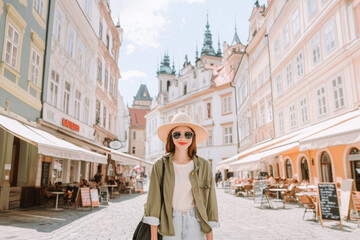 Naklejka premium A stylish woman stands in charming European street, wearing wide brimmed hat and sunglasses. picturesque buildings and outdoor cafes create vibrant atmosphere