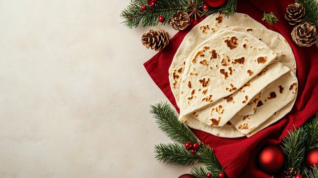 Traditional lefse in festive red napkins on a soft beige background with minimalistic Christmas decor