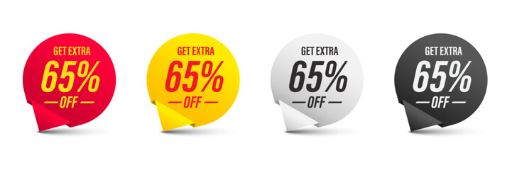 Get Extra 65% off sale sign. Promotion badge. Discount offer price sign. Extra discount message. Promo tag for shopping, marketing, advertisement, banner and web. Vector illustration.