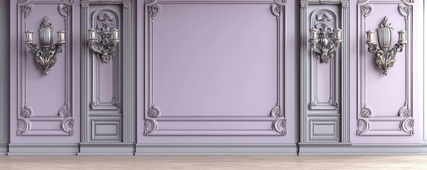 Lavender wall and carved wooden panels in a classically designd interior 3D illustration.
