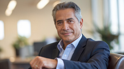 A confident Hispanic man in a charcoal suit exudes professionalism in a modern office setting, showcasing a warm smile and self-assured demeanor.