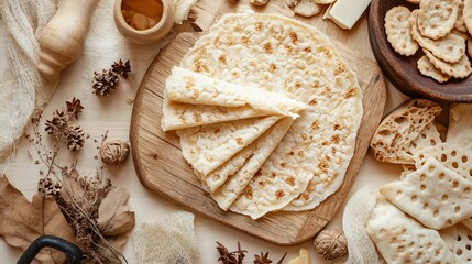 Traditional lefse with a hint of cardamom on a warm beige background, surrounded by simple wooden decor elements