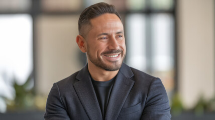 Naklejka premium A confident Hispanic man with a warm smile, dressed in a stylish dark blazer, exuding positivity in a modern, well-lit interior setting.