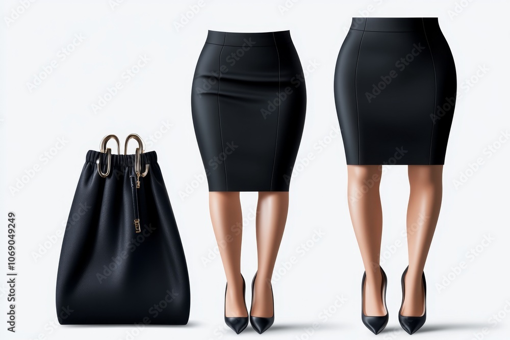 Poster a 2d drawing of an office skirt suit and heels, with minimal details and set on a plain white backgr