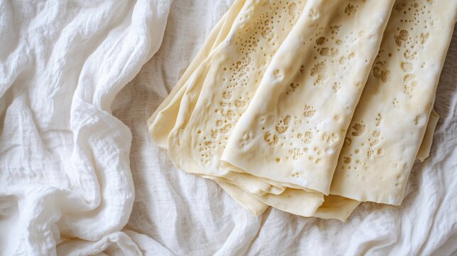 Traditional Norwegian lefse with butter and sugar on a soft cream background, decorated with simple Scandinavian patterns
