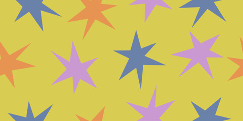 Obraz premium Horizontal banner with colorful star in unusual shape. Yellow seamless background. Abstract pattern.