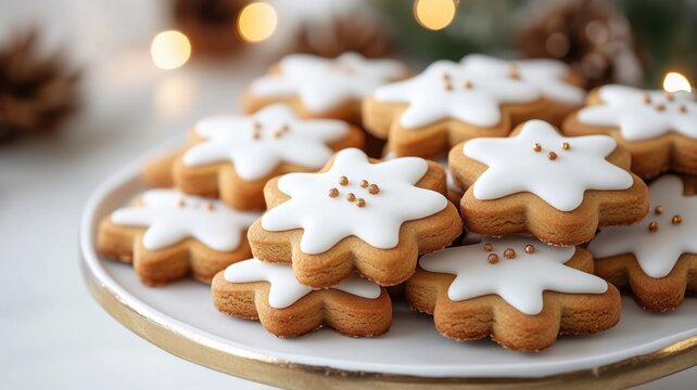 Delightful gingerbread cookies with white icing on a holiday setting, evoking the warmth of christmas, copy space. Winter panorama banner