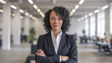 Fototapeta premium Confident African American woman in business attire stands with arms crossed in a modern office environment, conveying professionalism and leadership.