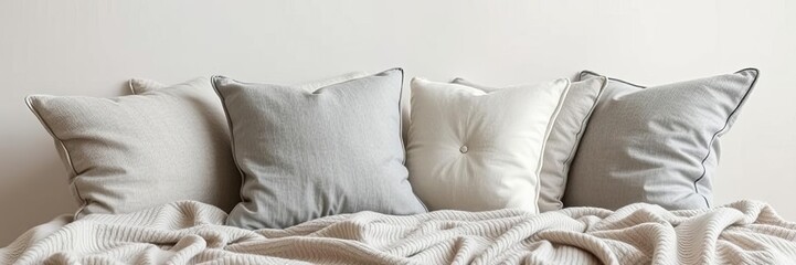 Assorted grey cushions arranged on a neutral background, arrangement, cozy