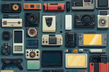 A collection of various vintage and modern technological devices arranged in a grid on a blue background.