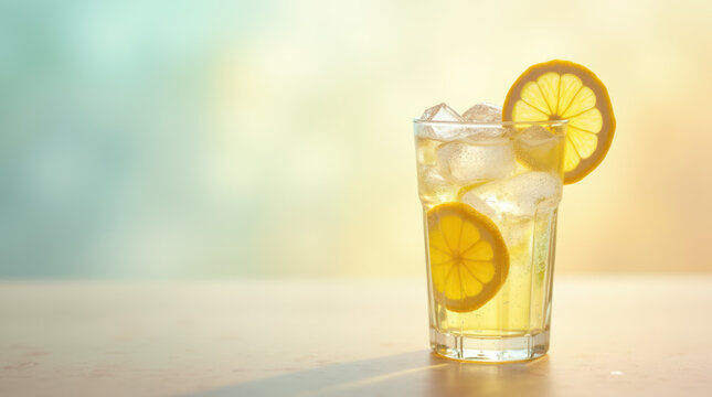 Refreshing glass of iced lemonade with lemon slices and condensation droplets