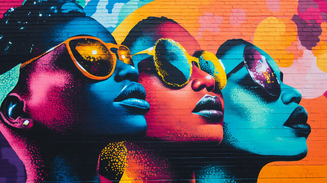 Vibrant mural depicting black historical figures emerging from a colorful cosmic background afrofuturistic elements and empowering symbolism. Cosmic. Illustration