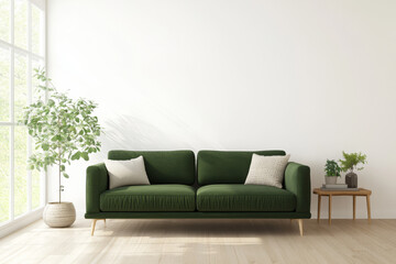 A stylish green sofa is positioned in bright room with large windows, complemented by potted plant and small side table. serene atmosphere invites relaxation and comfort