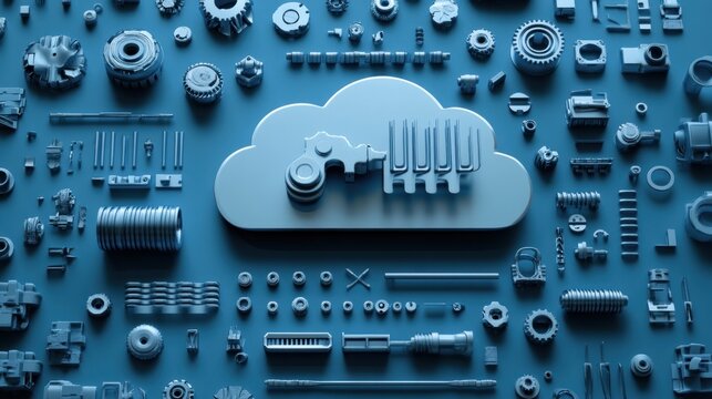 A cloud computing icon made of metal parts, surrounded by various metal parts symbolizing the power of cloud computing.
