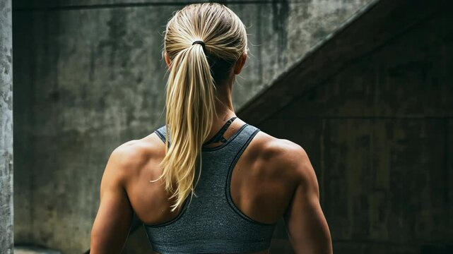 A woman stands with her back to the camera, showcasing her toned muscles in a grey sports bra