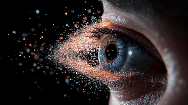 A close up of human eye with mesmerizing effect of particles exploding outward, creating captivating visual experience. intricate details of iris and shimmering particles evoke sense of wonder and bea